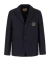Gucci Wool Blend 3-button Blazer With Embroidered Logo In Blue