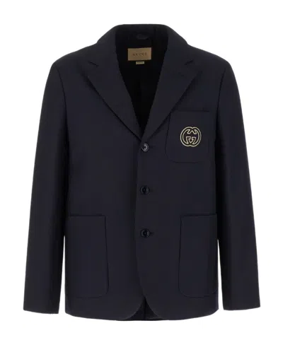 Gucci Interlocking-g-motif Padded Blazer In Blue