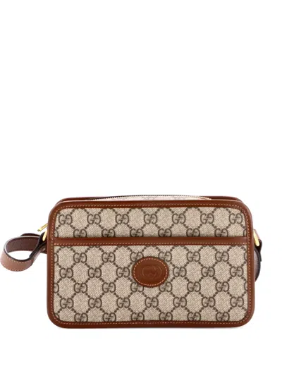 Pre-owned Gucci Interlocking G Patch Camera Bag Gg Coated Canvas Mini Crossbody Bag In Brown
