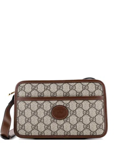 Pre-owned Gucci Interlocking G Patch Camera Bag Gg Coated Canvas Mini Crossbody Bag In Brown