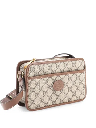 Pre-owned Gucci Interlocking G Patch Camera Bag Gg Coated Canvas Mini Crossbody Bag In Brown