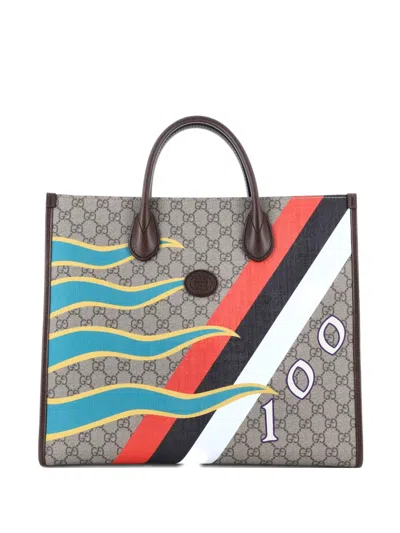 Pre-owned Gucci Interlocking G Patch Convertible Printed Gg Coated Canvas Medium Tote Bag In Brown