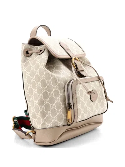 Pre-owned Gucci Interlocking G Patch Drawstring Flap Gg Coated Canvas Small Backpack In Neutral