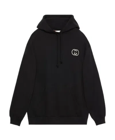 Gucci Interlocking G-patch Drawstring Hoodie In Black