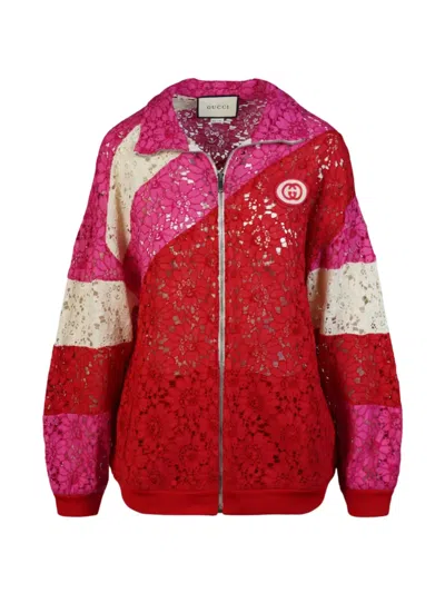 Pre-owned Gucci Interlocking G Patch Floral-lace Jacket In Red