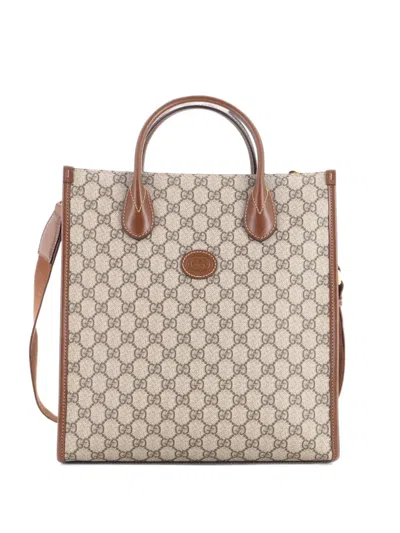 Pre-owned Gucci Interlocking G Patch Gg Coated Canvas Tall Tote Bag In Brown