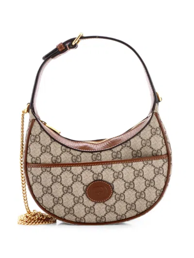 Pre-owned Gucci Interlocking G Patch Half Moon Gg Coated Canvas Mini Hobo Bag In Brown
