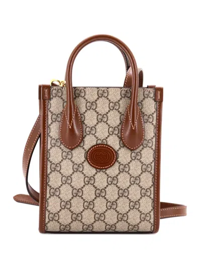 Pre-owned Gucci Interlocking G Patch Tote Gg Coated Canvas Mini Satchel In Brown