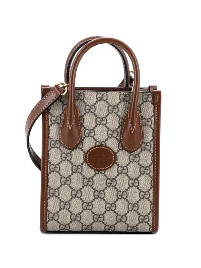 Pre-owned Gucci Interlocking G Patch Tote Gg Coated Canvas Mini Satchel In Brown