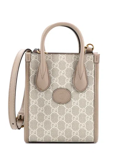 Pre-owned Gucci Interlocking G Patch Tote Gg Coated Canvas Mini Satchel In Neutral