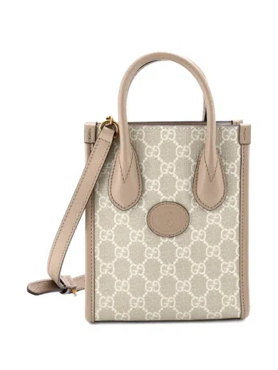 Pre-owned Gucci Interlocking G Patch Tote Gg Coated Canvas Mini Satchel In Neutral
