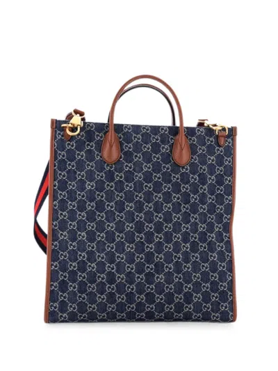 Pre-owned Gucci Interlocking G Patch Web Strap Convertible Gg Denim Tall Tote Bag In Blue