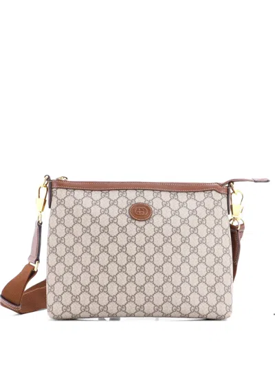 Pre-owned Gucci Interlocking G Patch Wristlet Messenger Bag Gg Coated Canvas Medium Crossbody Bag In Brown