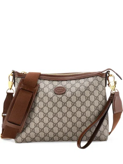 Pre-owned Gucci Interlocking G Patch Wristlet Messenger Bag Gg Coated Canvas Medium Crossbody Bag In Brown