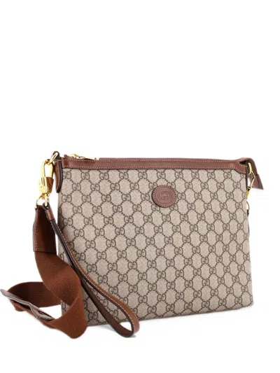 Pre-owned Gucci Interlocking G Patch Wristlet Messenger Bag Gg Coated Canvas Medium Crossbody Bag In Brown