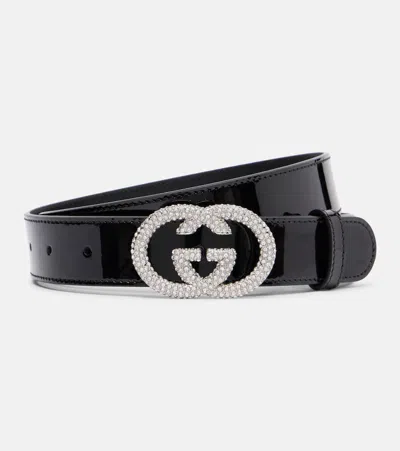 Gucci Interlocking G Patent Leather Belt In Black