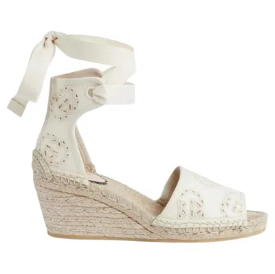 Pre-owned Gucci Interlocking G Platform Espadrilles In Ivory Canvas Ribbon Tie Size 37.5 In White