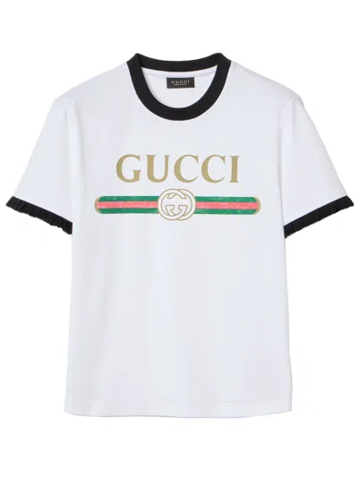 Gucci Interlocking G Print Mini Ruffle-sleeve Cotton Crewneck Tee In White