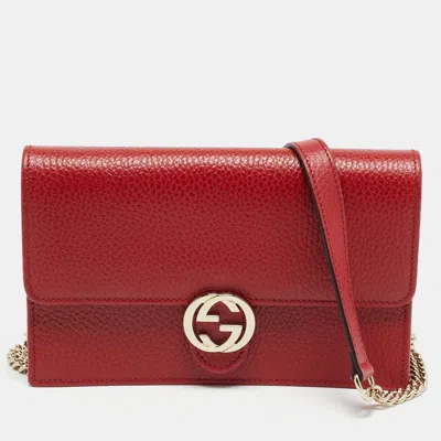 Pre-owned Gucci Interlocking G Red Leather Wallet On Chain