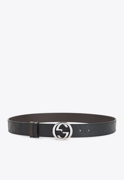 Gucci Interlocking G Reversible Leather Belt In Black