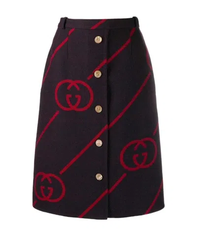 Gucci Interlocking G Reversible Wool Skirt In Blue