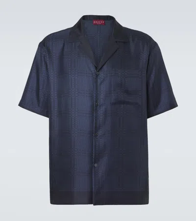 Gucci Interlocking G Silk Twill Bowling Shirt In Blue