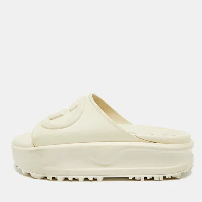 Pre-owned Gucci Interlocking G Size 35 Cream Rubber Slide Sandals In White