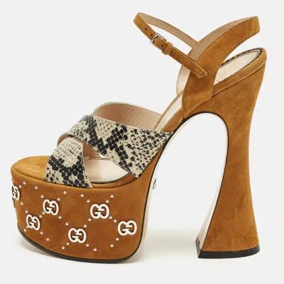 Pre-owned Gucci Interlocking G Size 36 Brown/beige Suede And Snakeskin Embossed Leather Platform Sandals