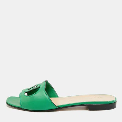 Pre-owned Gucci Interlocking G Size 38.5 Green Leather Cut-out Flat Slide Sandals