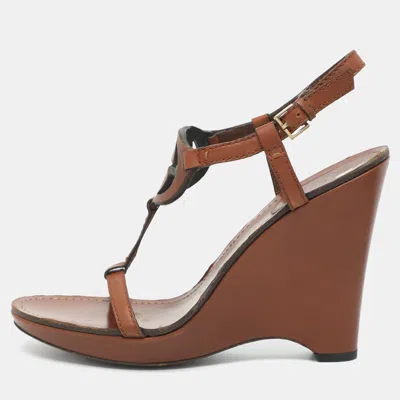 Pre-owned Gucci Interlocking G Size 39 Brown Leather T-strap Wedge Sandals
