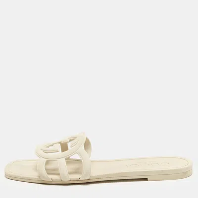 Pre-owned Gucci Interlocking G Size 40 Cream Rubber Flat Slides In White