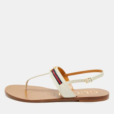 Pre-owned Gucci Interlocking G Size 40.5 Cream Leather Slingback Sandals In White