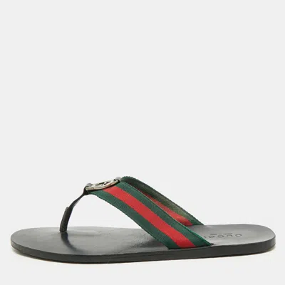 Pre-owned Gucci Interlocking G Size 44 Tricolor Canvas And Leather Thong Flat Slide In Green