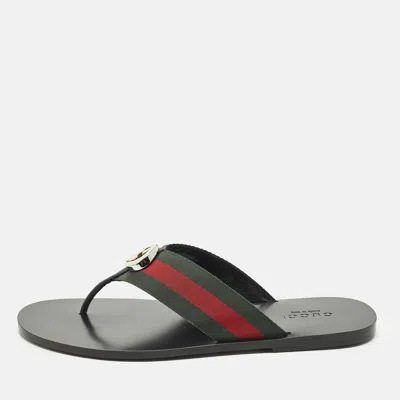 Pre-owned Gucci Interlocking G Size 45 Green/black Canvas And Leather Thong Flat Sandals