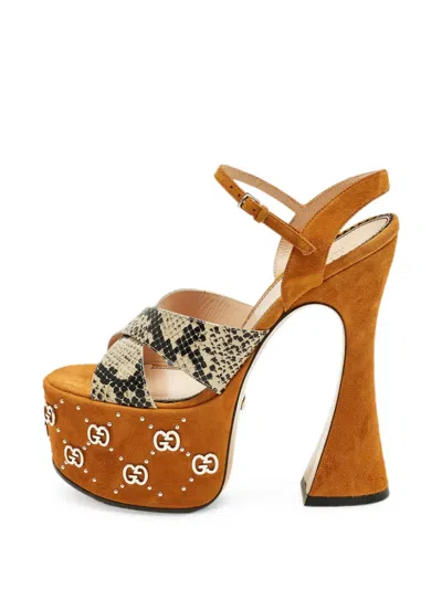 Pre-owned Gucci Interlocking G Snakeskin-effect Heeled Suede Sandals In Brown