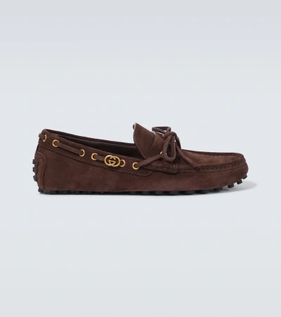 Gucci Interlocking G Suede Driving Shoes In Cocoa