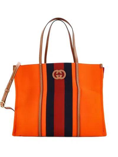 Pre-owned Gucci Interlocking G Web Canvas Large Tote Bag In Orange