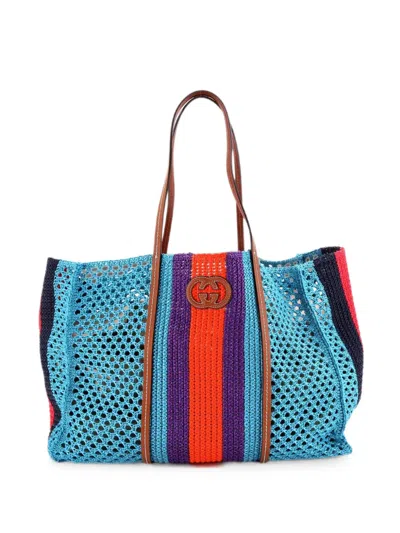 Pre-owned Gucci Interlocking G Web Raffia Medium Tote Bag In Multicolour