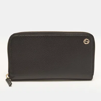Pre-owned Gucci Interlocking G Zip Black Leather Continental Wallet