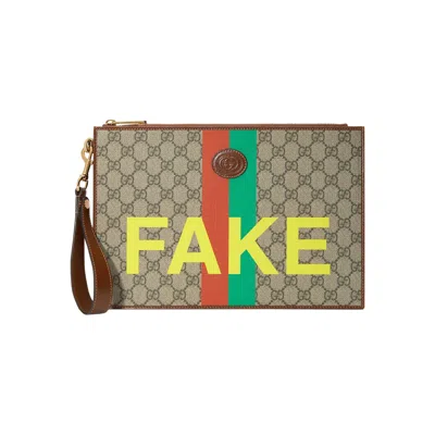 Pre-owned Gucci Interlocking Gg Patch "fake/not Fake" Pouch 'gg Supreme' In Brown