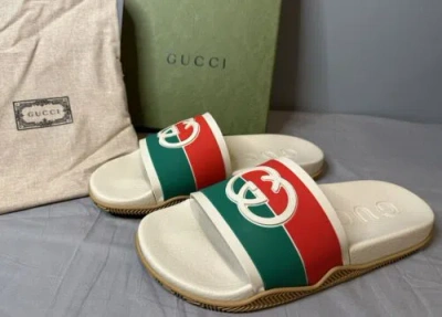 Pre-owned Gucci Interlocking Gg Rubber Slides Sandals Women's Size 41 (us 11) Authentic In White