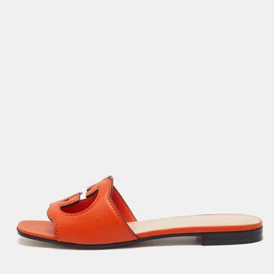 Pre-owned Gucci Interlocking Gg Size 37.5 Orange Leather Flat Slide