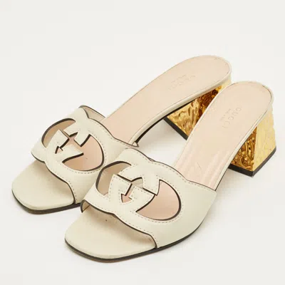 Pre-owned Gucci Interlocking Gg Size 39 Cream Leather Slide Sandals In White