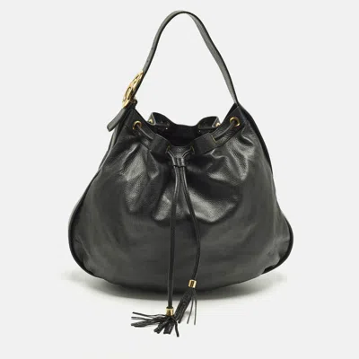Pre-owned Gucci Interlocking Icon Black Leather Drawstring Hobo