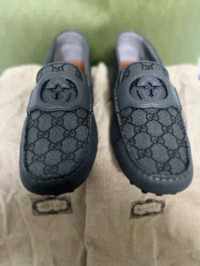 Pre-owned Gucci Interlocking Logo Grey Rare Leather Men's Driver Loafer Shoes 9.5 Us-10 In Gray