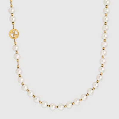 Gucci Interlocking Long Pearl Necklace In Gold-toned Metal