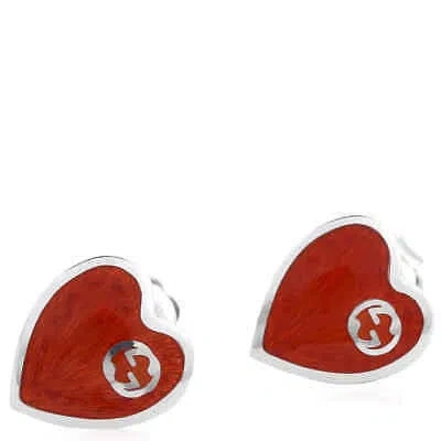 Pre-owned Gucci Interlocking Red Heart Earrings In Silver