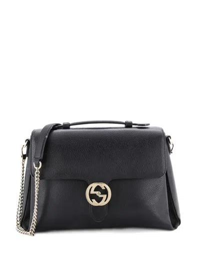 Pre-owned Gucci Interlocking Top Handle Bag Leather Medium Shoulder Bag In Black