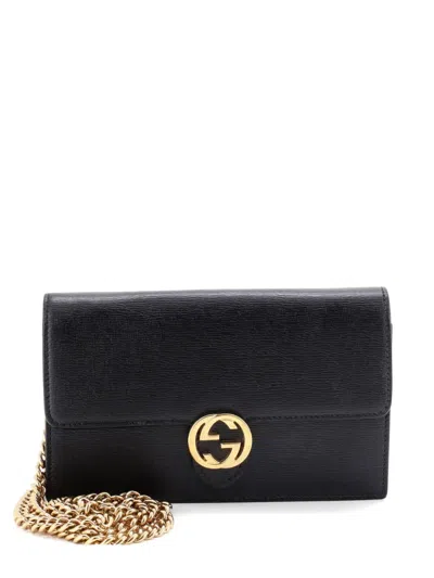 Pre-owned Gucci Interlocking Wallet On Chain Leather Crossbody Bag In Black