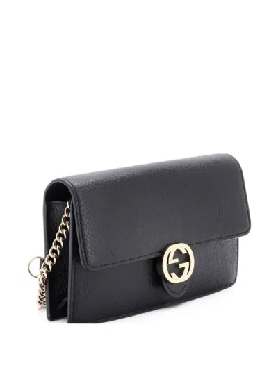 Pre-owned Gucci Interlocking Wallet On Chain Leather Crossbody Bag In Black